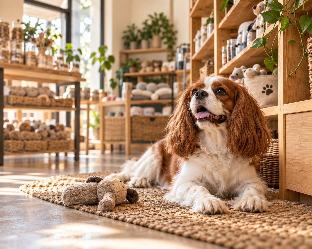 Illustrative boutique scene: a spaniel beside warm wood shelving and woven baskets.